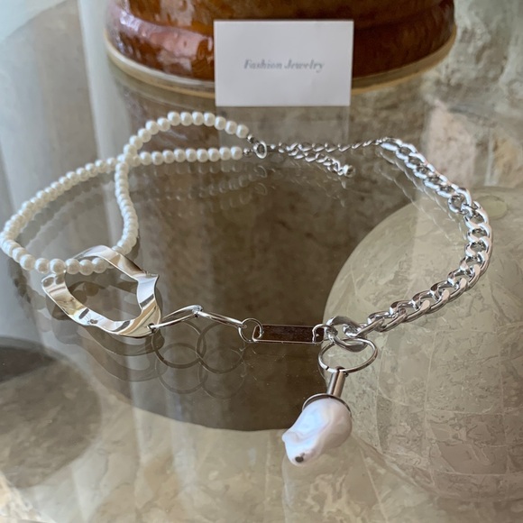 Faux White Pearl & Silver Mixed-Chain Necklace - Picture 3 of 4